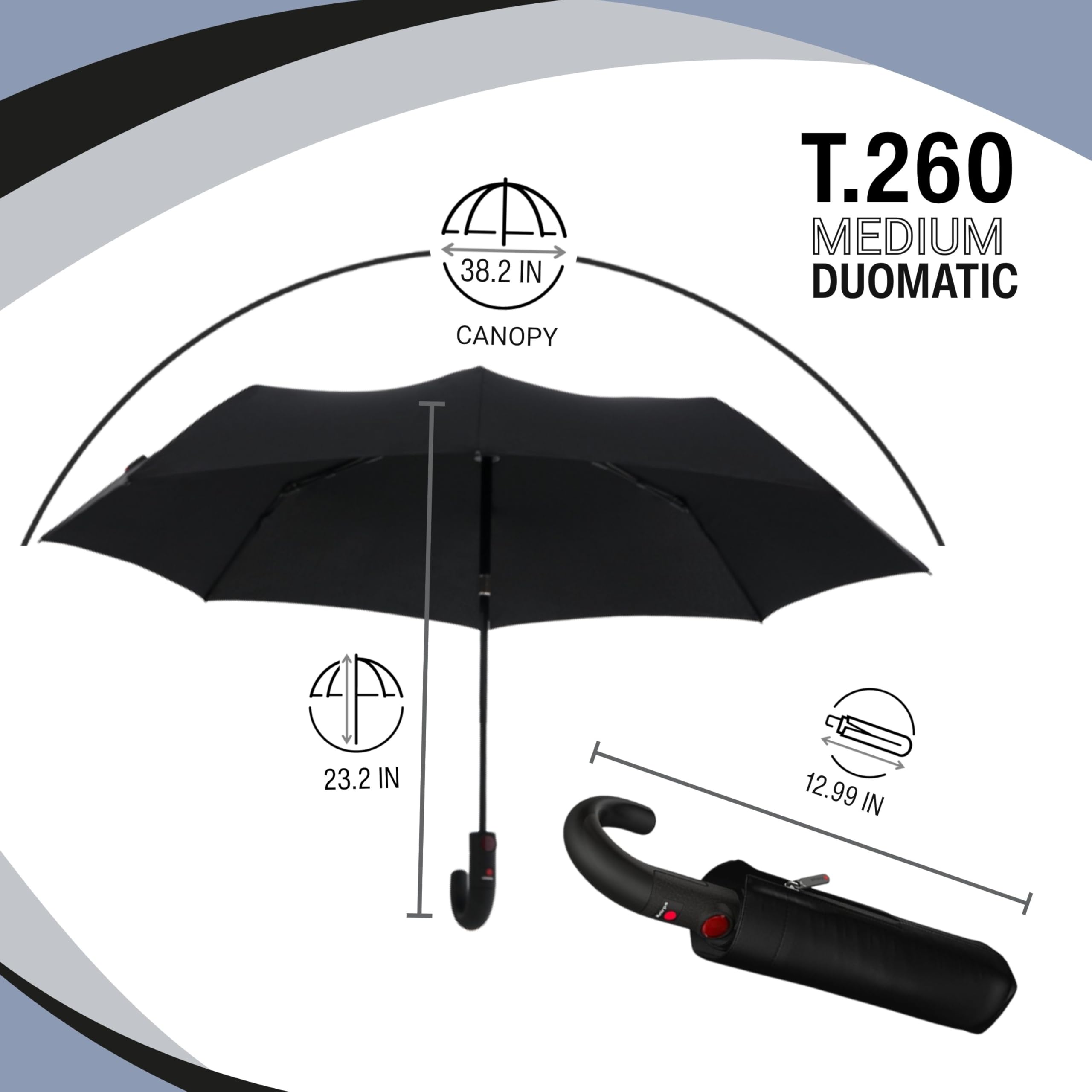 Knirps T.260 Medium Automatic Open Close Rain Umbrella with Curved Handle and Carrying Case - Compact Windproof Travel Umbrellas for Adults, 97cm Diamteter - Image 10